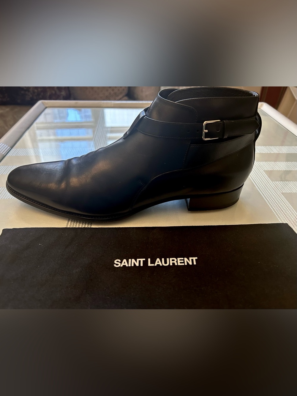 Saint Laurent Black Leather Boot with Buckle Strap